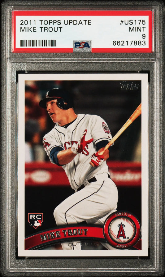 PSA-graded Mike Trout 2011 Topps Update #US175 card featuring Angels player at bat