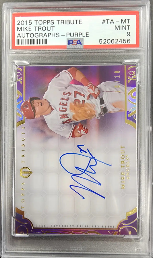 PSA-graded Mike Trout 2015 Topps Tribute Purple Auto #10/10 baseball card with autograph