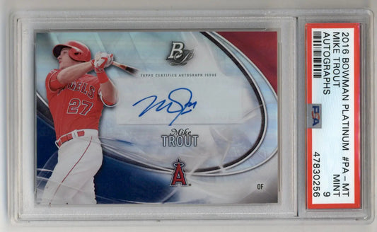 PSA-graded Mike Trout Bowman Platinum Auto baseball card in red uniform with autograph