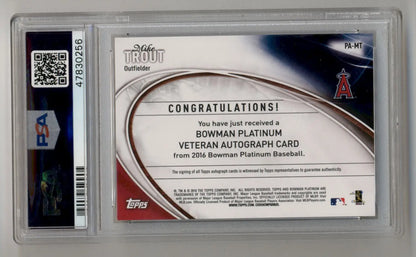 Back of Mike Trout 2016 Bowman Platinum Auto in protective case with congratulatory text