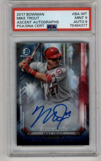 PSA-graded Mike Trout 2017 Bowman Ascent Auto baseball card in red helmet and white uniform