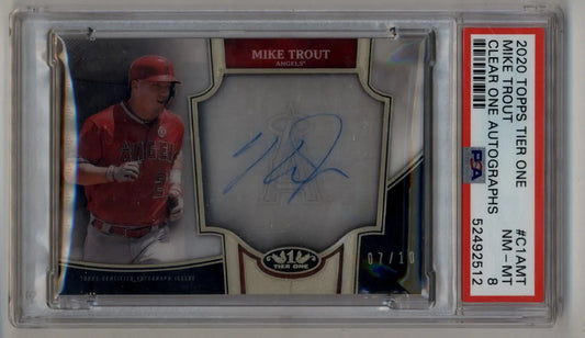 PSA-graded Mike Trout 2020 Topps Tier One Clear One Auto baseball card in mint mint condition