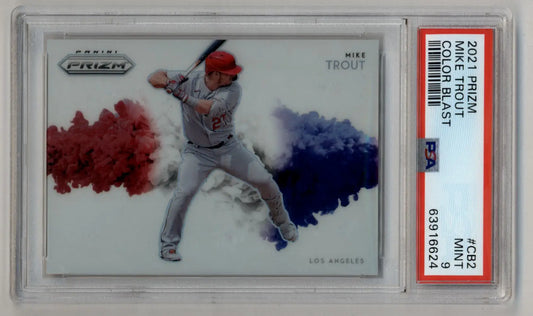 Mike Trout 2021 Prizm Color Blast card in PSA 9 case featuring pitcher mid-delivery