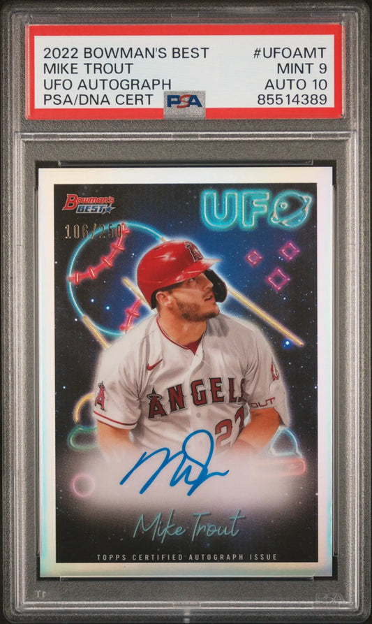 PSA-graded Mike Trout 2022 Bowmans Best UFO Autograph card with unique design elements