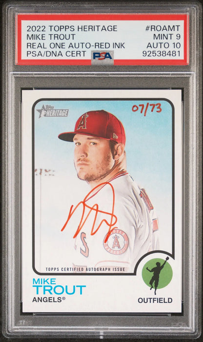 PSA-graded Mike Trout 2022 Topps Heritage Real One Red Ink Auto #7/73 baseball card