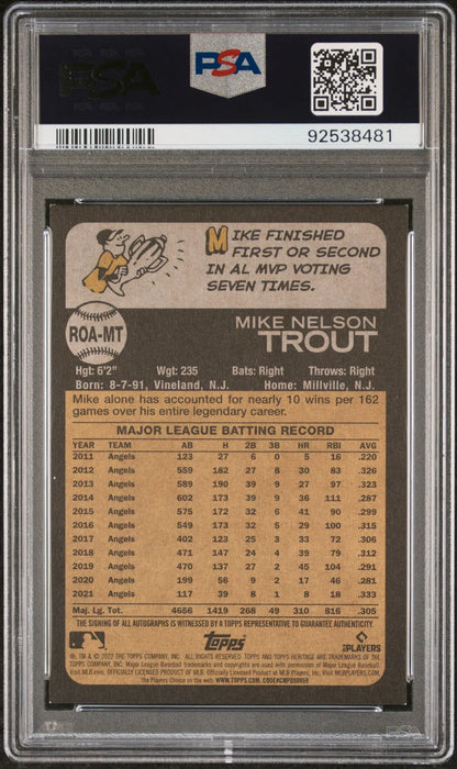 PSA-graded Mike Trout 2022 Topps Heritage Real One Red Ink Auto card with stats on back