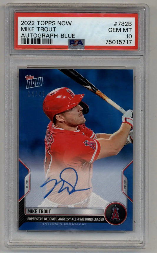 PSA10 Gem Mint Mike Trout 2022 Topps Now Auto Blue 14/49 baseball card in red uniform