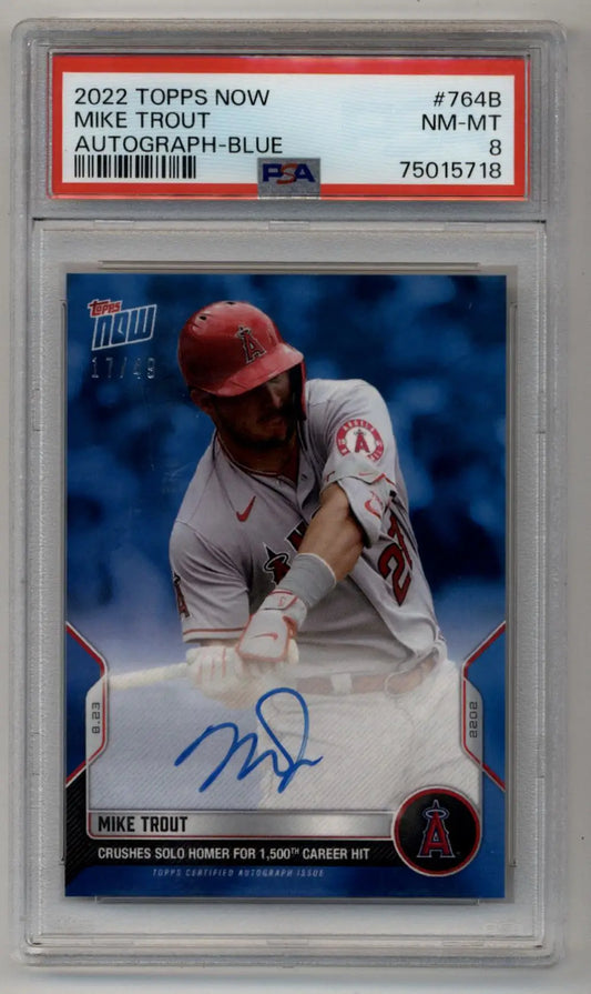 PSA-graded Mike Trout 2022 Topps Now Auto Blue trading card limited to 17/49