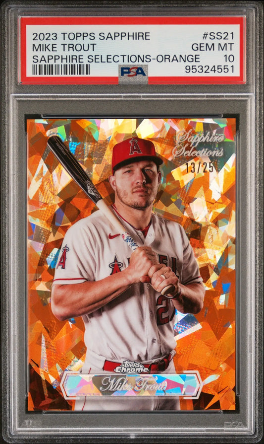 PSA 10 Gem Mint Mike Trout 2023 Topps Sapphire Selections Orange baseball card 5/25