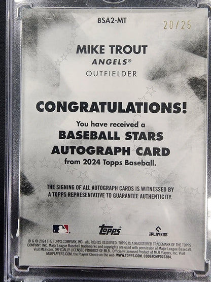 Baseball card authentication certificate for Mike Trout 2024 Topps Baseball Stars Black Auto 20/25