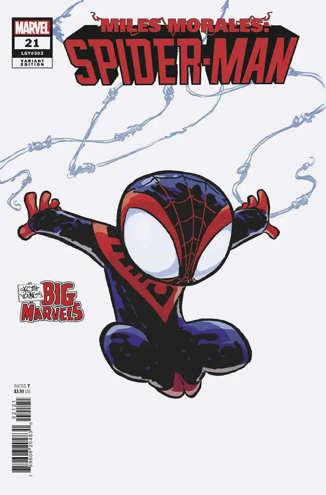 Miles Morales in black and red suit soaring through the air for trading cards collection