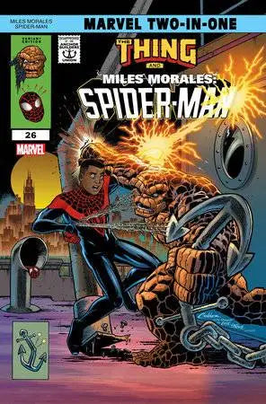 Comic book cover of Miles Morales Spider-Man battling a mechanical creature by Conner Marvel Two