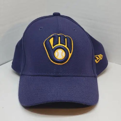 Navy blue Milwaukee Brewers authentic MLB fitted hat with yellow MB glove logo