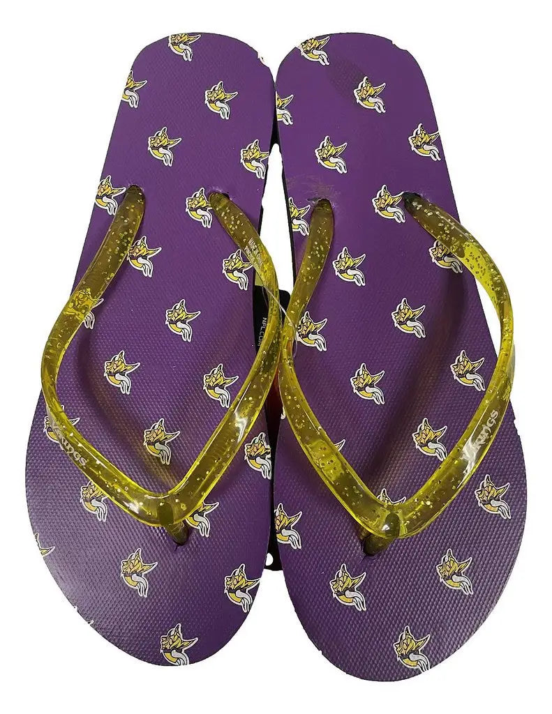 Purple Minnesota Vikings Womens Glitter Thong Flip Flop Sandals with Gold Straps