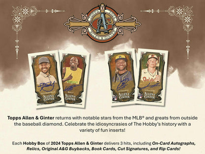 Promotional advertisement for 2024 Topps Allen & Ginter Baseball Hobby Box with vintage player portraits