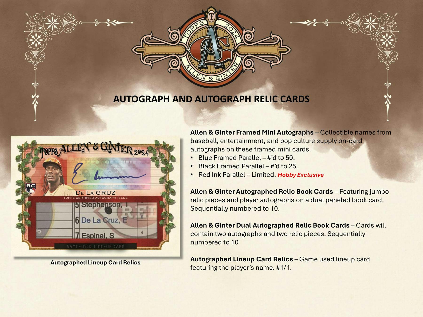 Product advertisement for 2024 Topps Allen & Ginter Baseball Hobby Box with autographs and relics