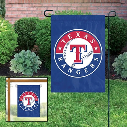 Texas Rangers MLB garden flag displayed on a garden flag stand in a vibrant garden