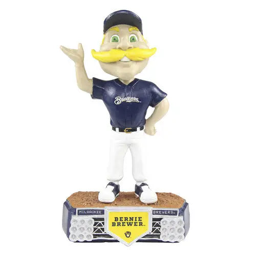 Bobblehead of Milwaukee Brewers mascot Bernie Brewer with yellow mustache, a favorite for baseball cards