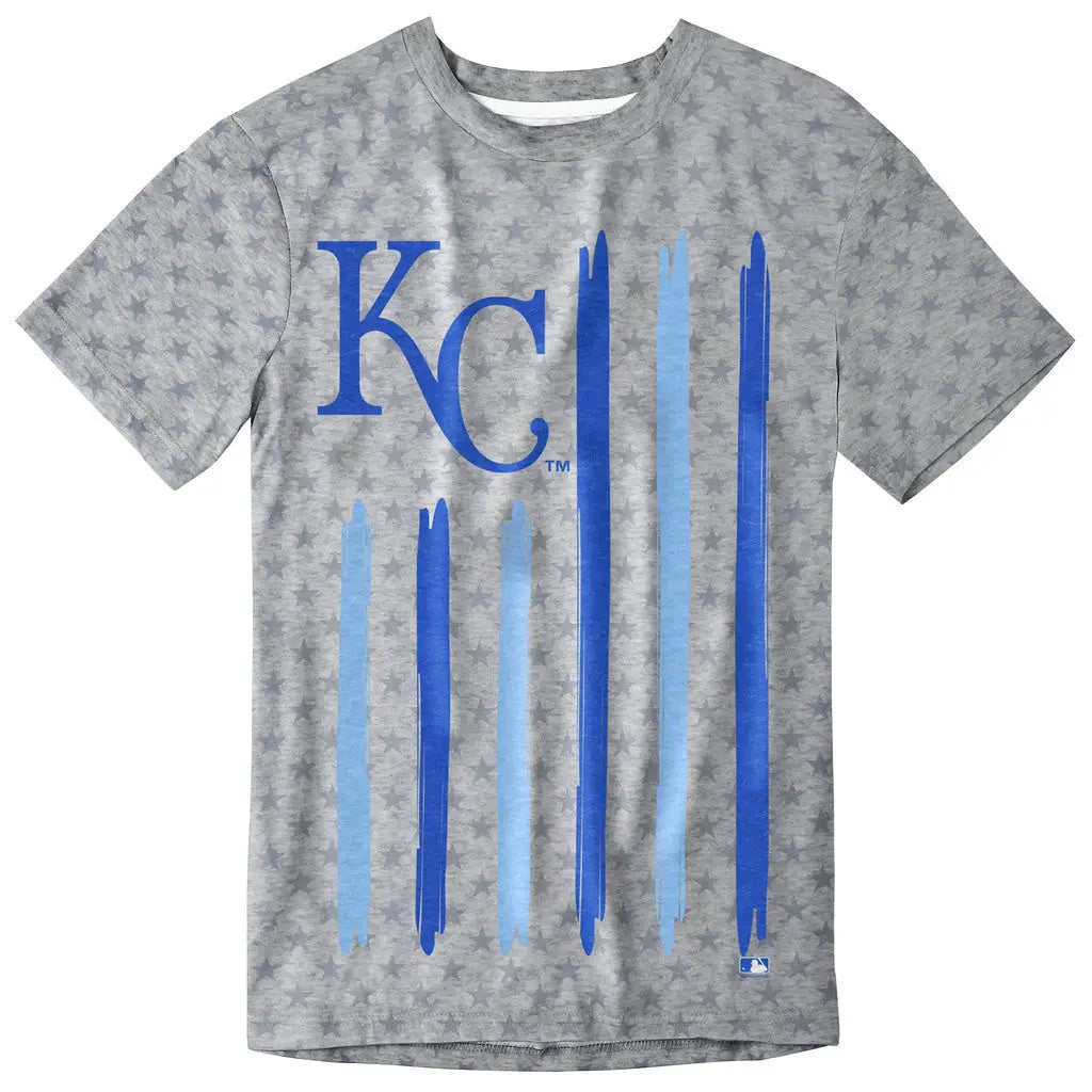 Gray Kansas City Royals T-shirt with blue KC lettering and vertical stripes design