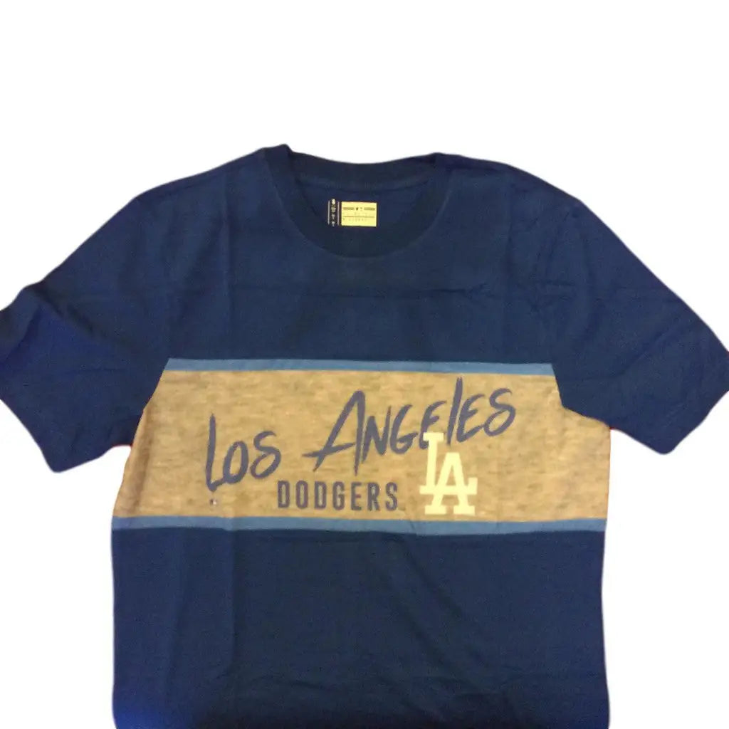 Navy blue MLB Klew Woodmark T-Shirt featuring Los Angeles Dodgers on tan stripe