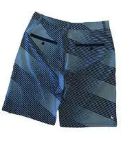 Blue and gray striped swim shorts with side pockets for Kansas City Royals fans