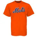 Bright orange short sleeve tee shirt with blue and white Mets logo, officially licensed