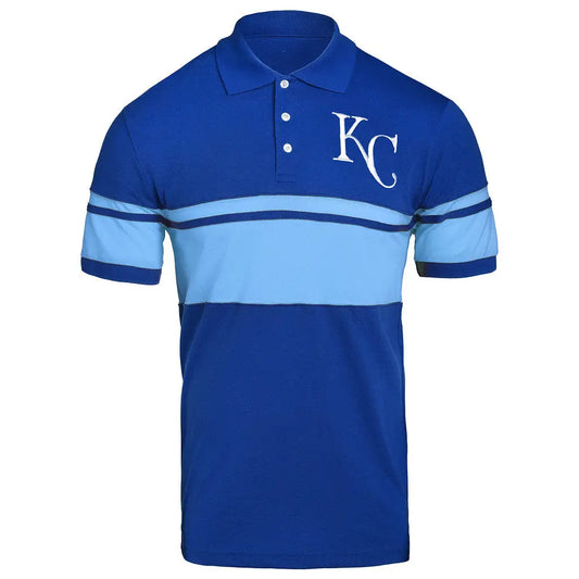 Blue and light blue striped polo shirt with KC logo from MLB Team Apparel Cotton Stripe Polo