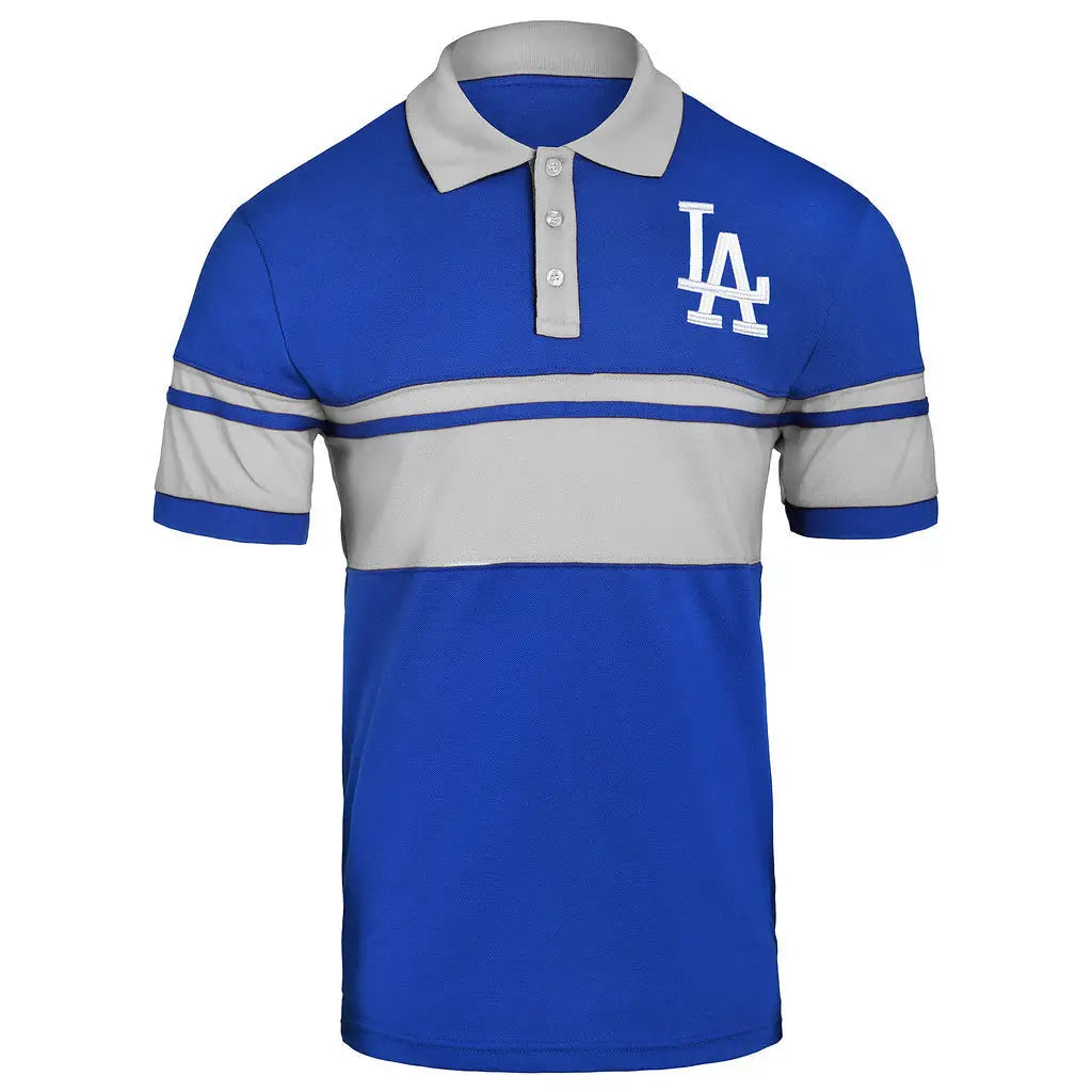 Blue and gray cotton stripe polo featuring LA logo for Los Angeles Dodgers fans