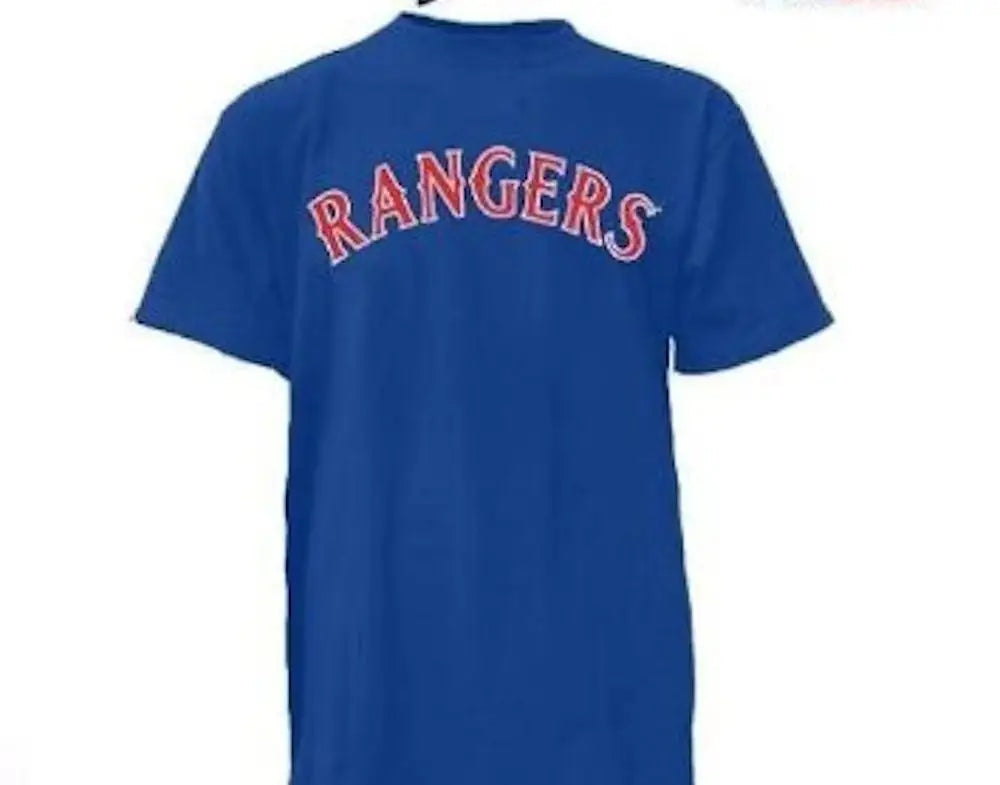 Blue officially licensed short sleeve tee shirt with RANGERS in red for MLB fans