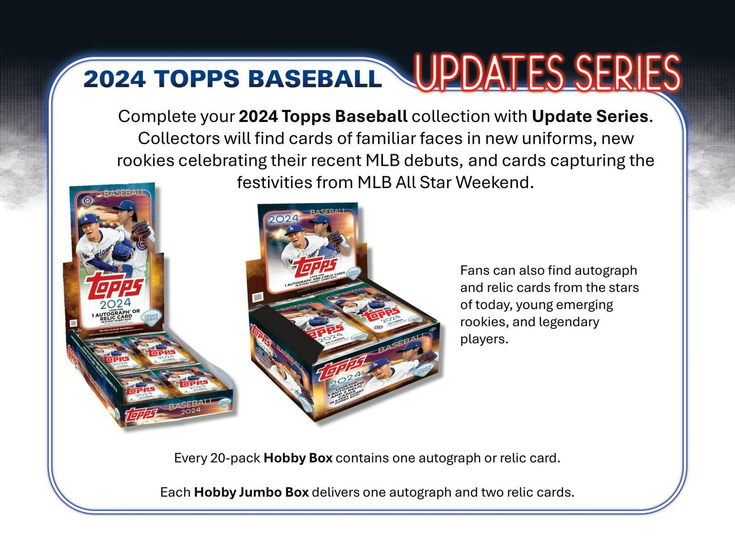 Product advertisement for 2024 Topps Update Series Baseball Jumbo Exclusive Box featuring relic cards