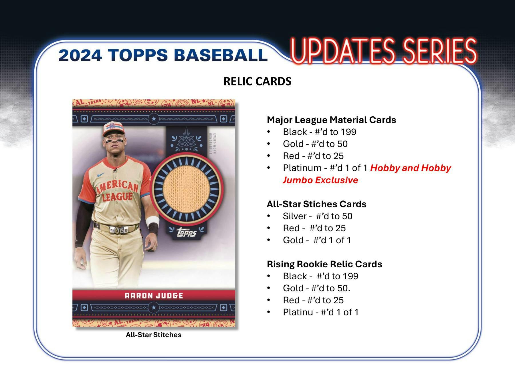 2024 Topps Baseball Updates Series relic card advertisement for Hobby Jumbo Box