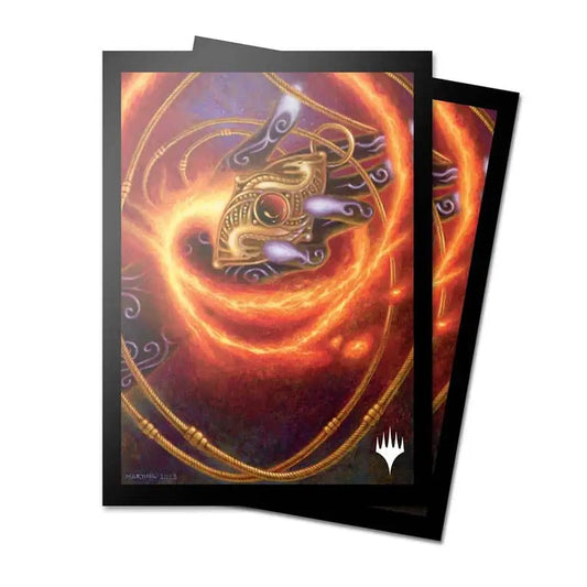 Golden mechanical fish surrounded by swirling orange energy on deck protector® sleeves