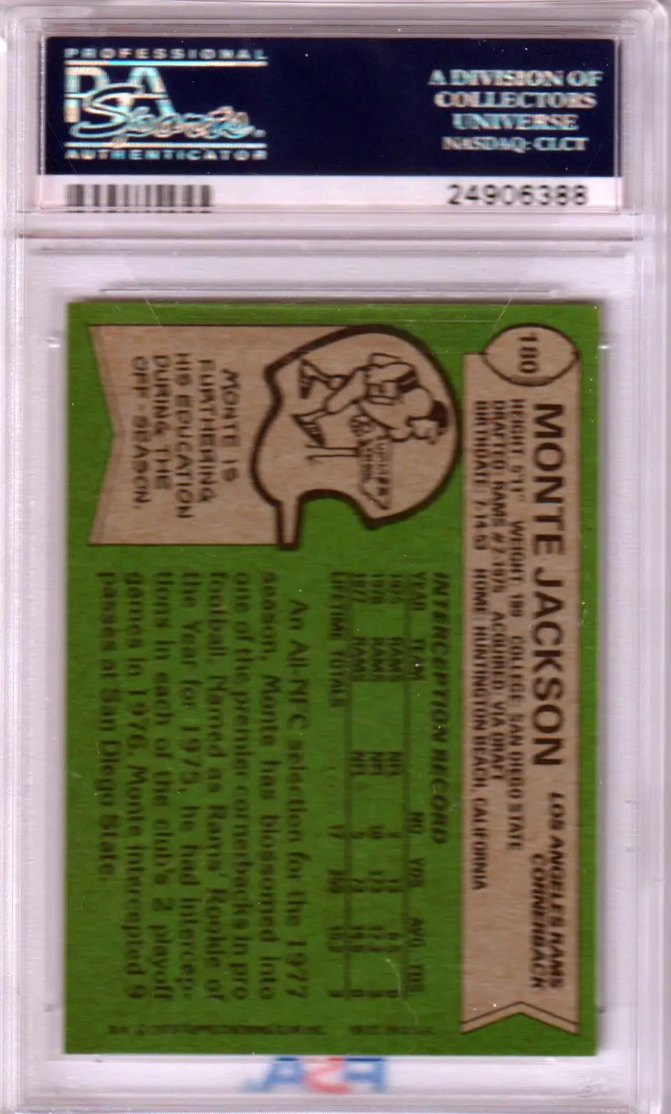 PSA-graded Monte Jackson 1978 Topps #180 baseball card reverse with green stats