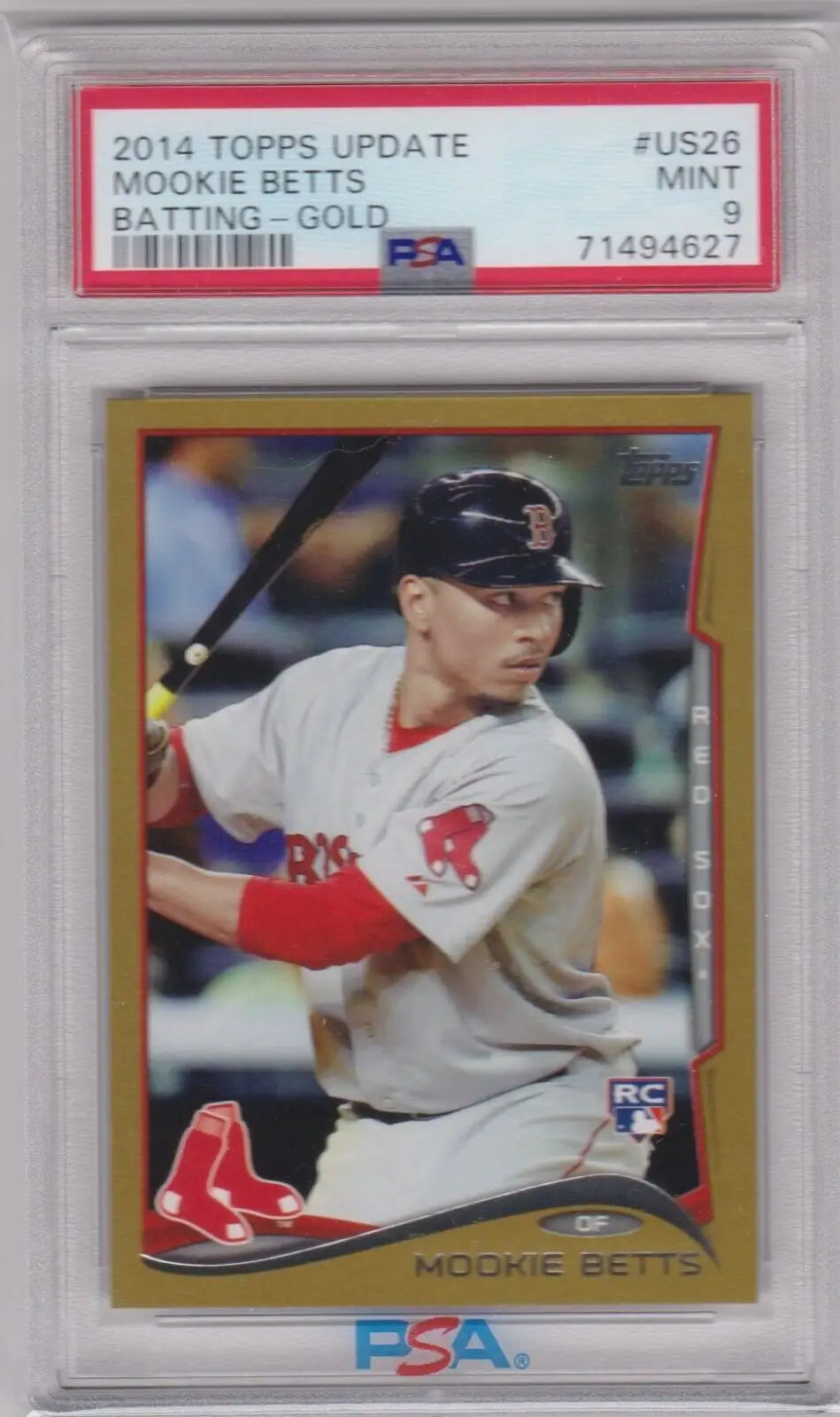 PSA-graded 2014 Topps Update Gold parallel card of Mookie Betts in batting stance