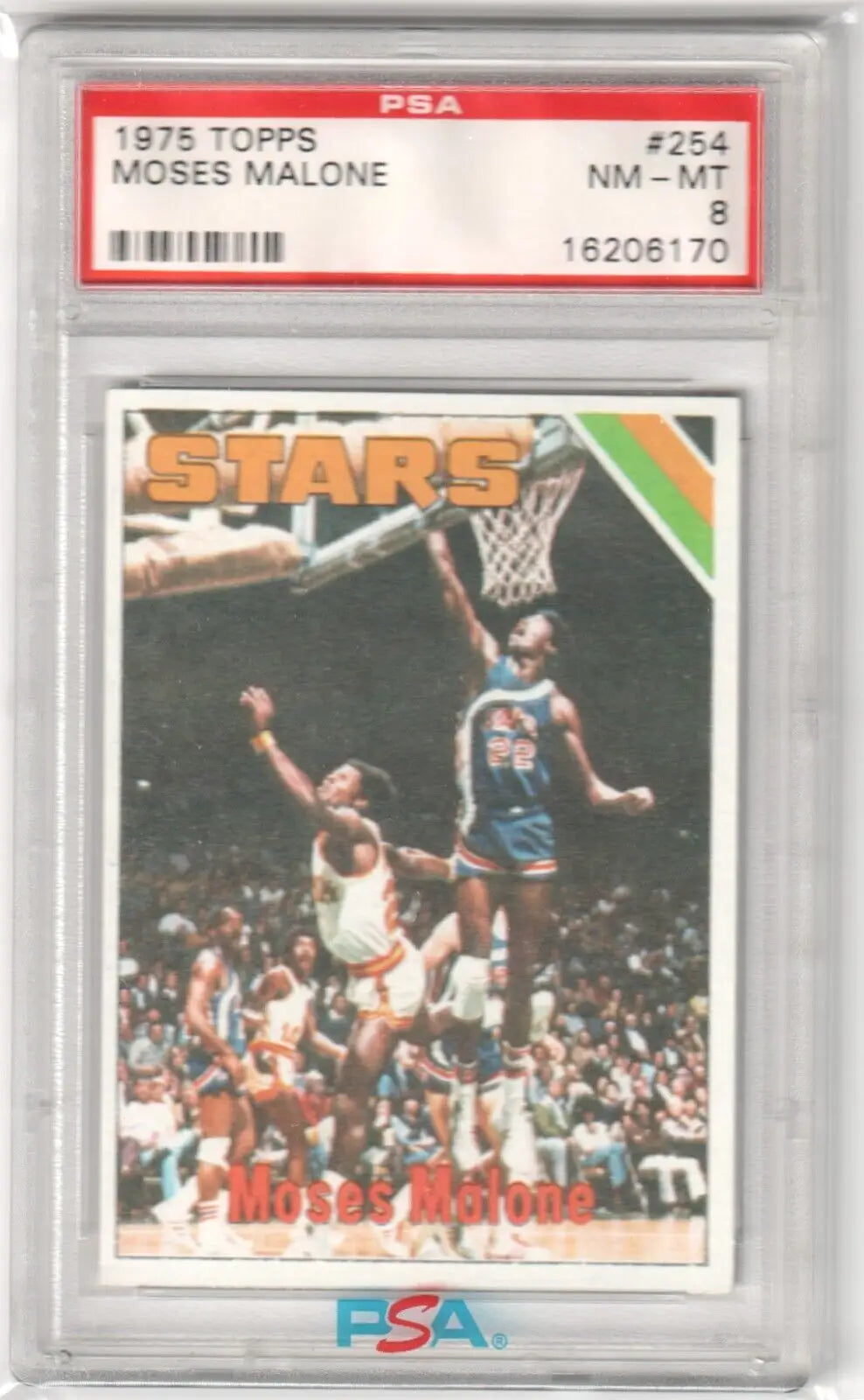 PSA-graded 1975 Topps Moses Malone basketball card in game action, Columbia Hobby box free shipping