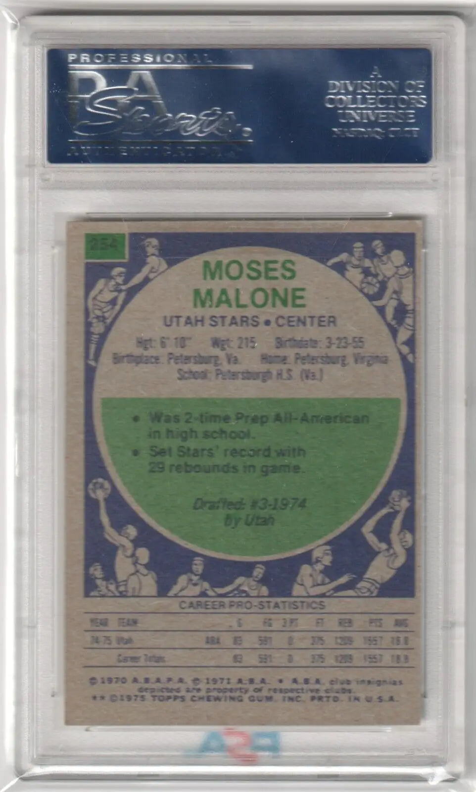 PSA-graded Moses Malone 1975-76 Topps #254 basketball card in protective case, Columbia Hobby