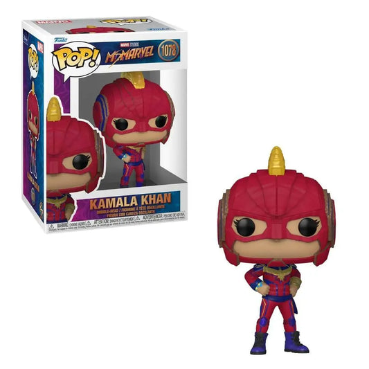 Funko Pop! figure of Kamala Khan in superhero costume with red mask and blue/red outfit