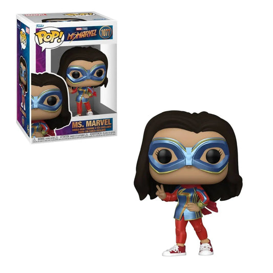 Funko Pop figure of Ms. Marvel in superhero costume with blue mask and red outfit