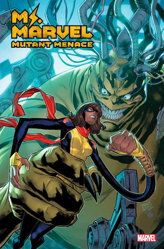 Ms. Marvel leaps into action with a dinosaur, featured in Ms. Marvel: Mutant Menace #2 trading cards