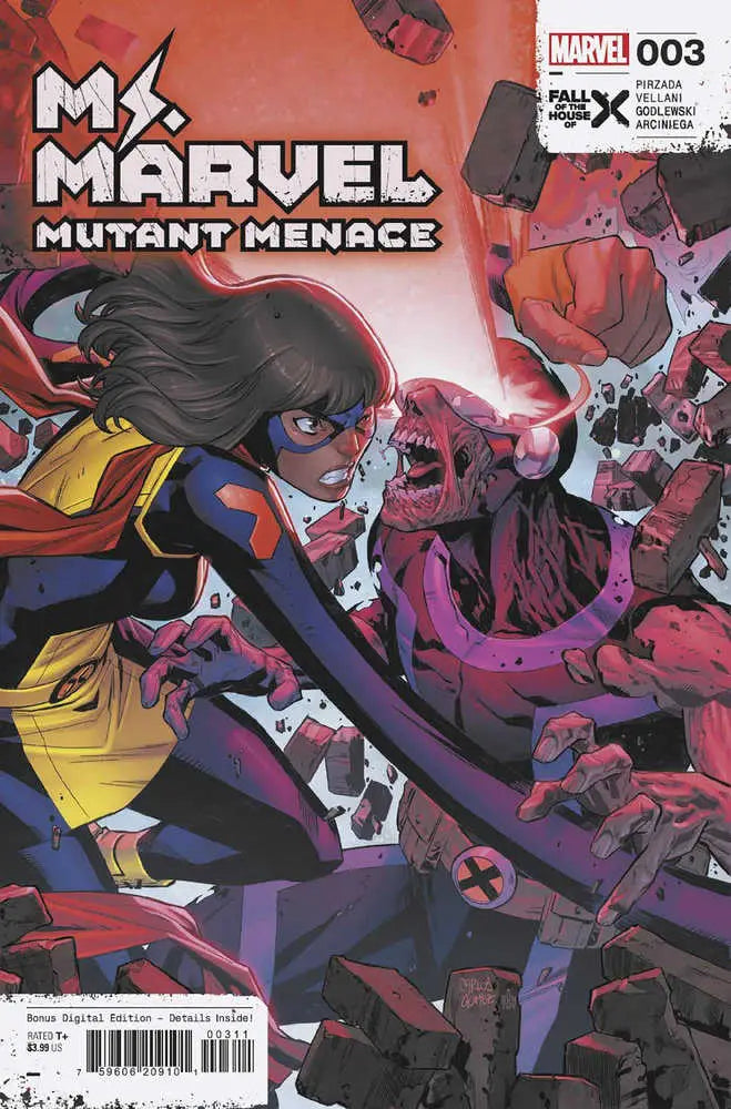 Comic book cover for Ms. Marvel: Mutant Menace #3, dynamic action artwork for trading cards