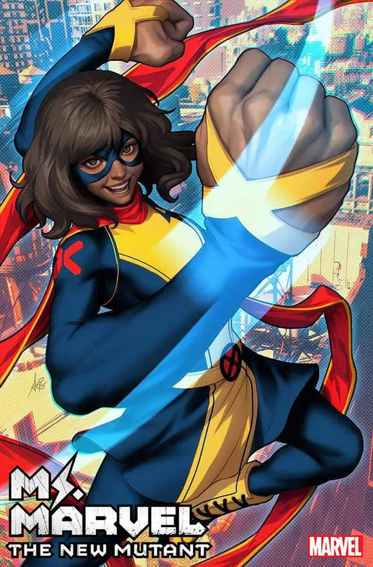 Superhero in blue and yellow costume soaring through air on Ms. Marvel trading card art