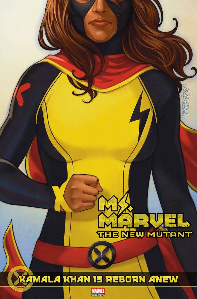 Comic book artwork of Ms. Marvel in a vibrant costume for trading cards collection