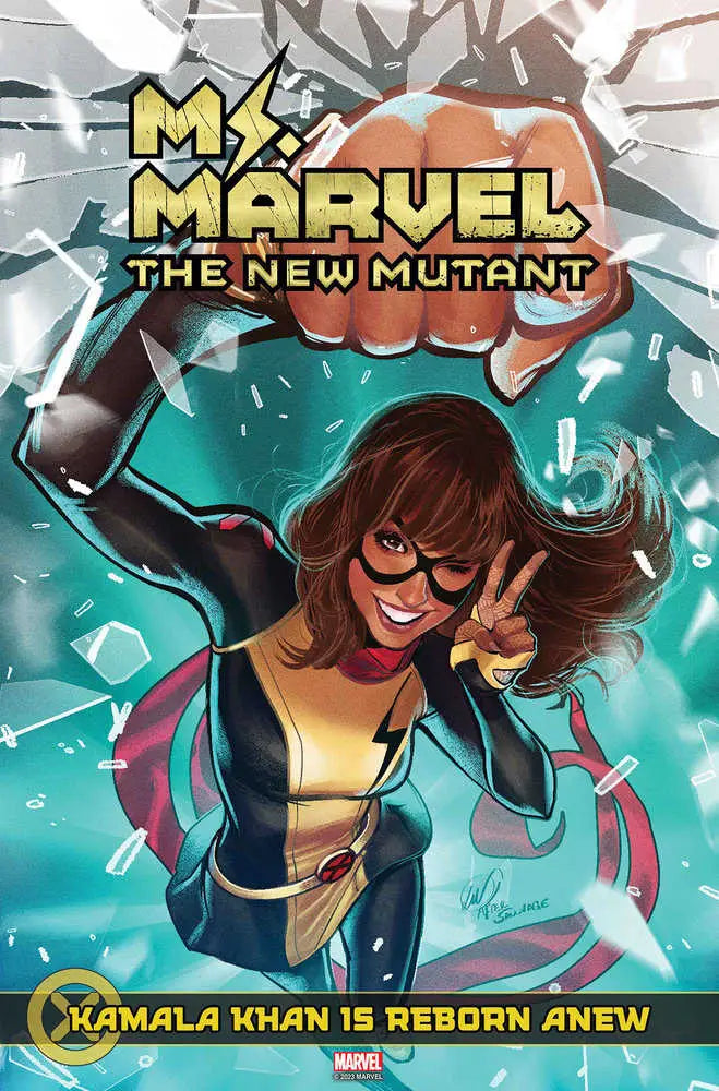 Comic book cover of Ms. Marvel: The New Mutant 1 breaking through glass shards, ideal for trading cards