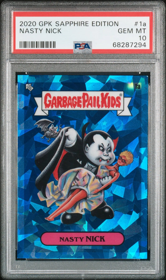 PSA-graded Nasty Nick Garbage Pail Kids Sapphire trading card featuring a vampire