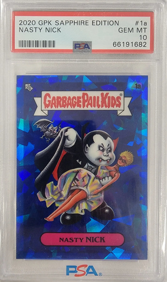 PSA-graded Nasty Nick 2020 Topps Garbage Pail Kids Sapphire trading card with scythe