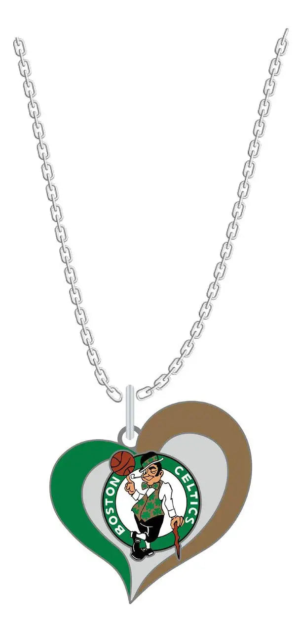 Heart-shaped pendant necklace with Boston Celtics logo in swirl heart design