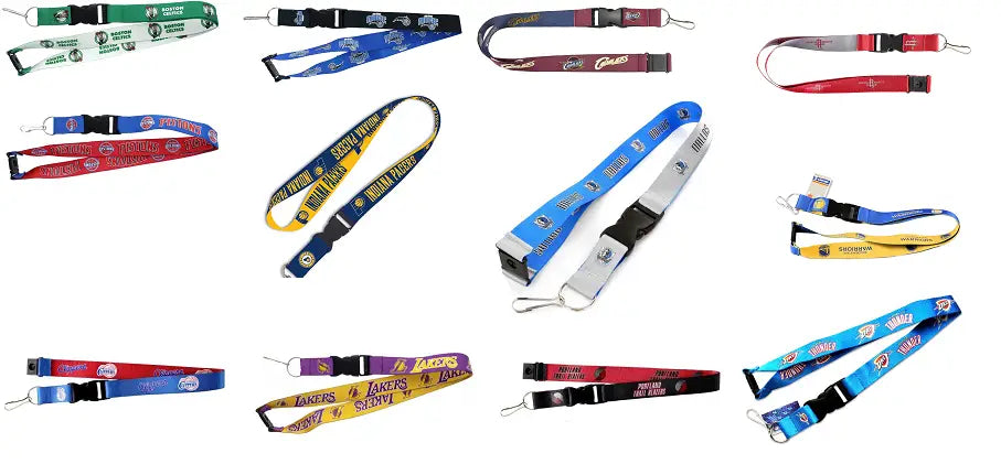 Colorful NBA reversible lanyard featuring team logos, perfect for trading and baseball cards