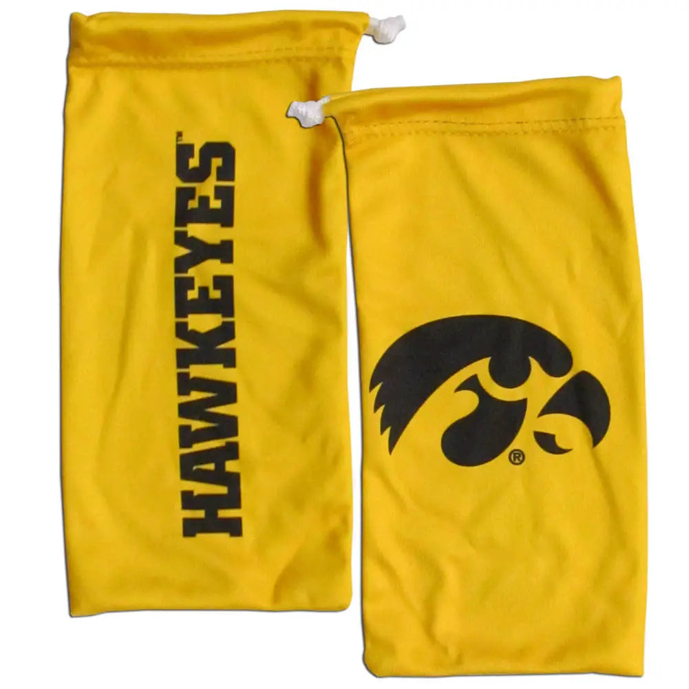 Yellow microfiber glasses bag featuring Iowa Hawkeyes logo and team text design