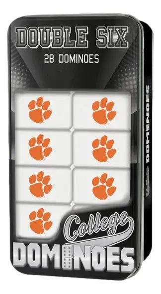 Officially licensed Clemson Tigers Double Six dominoes gift tin with orange paw prints