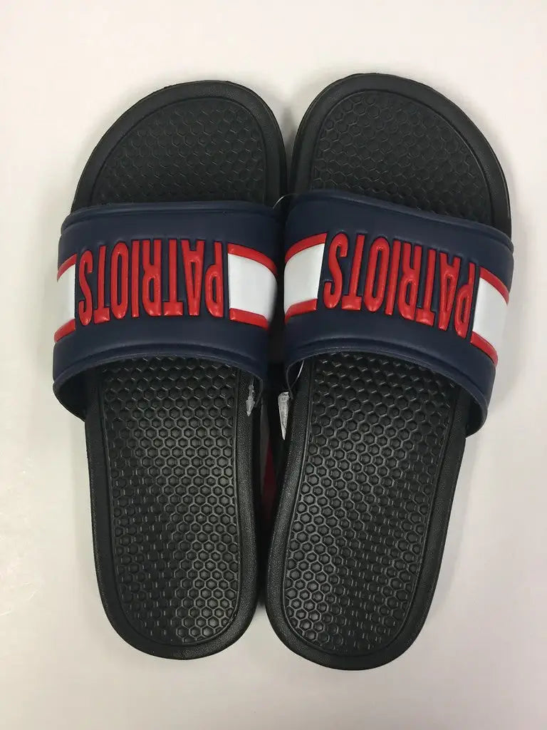 Navy blue and red slide flip flop sandals with PATRIOTS text on the straps